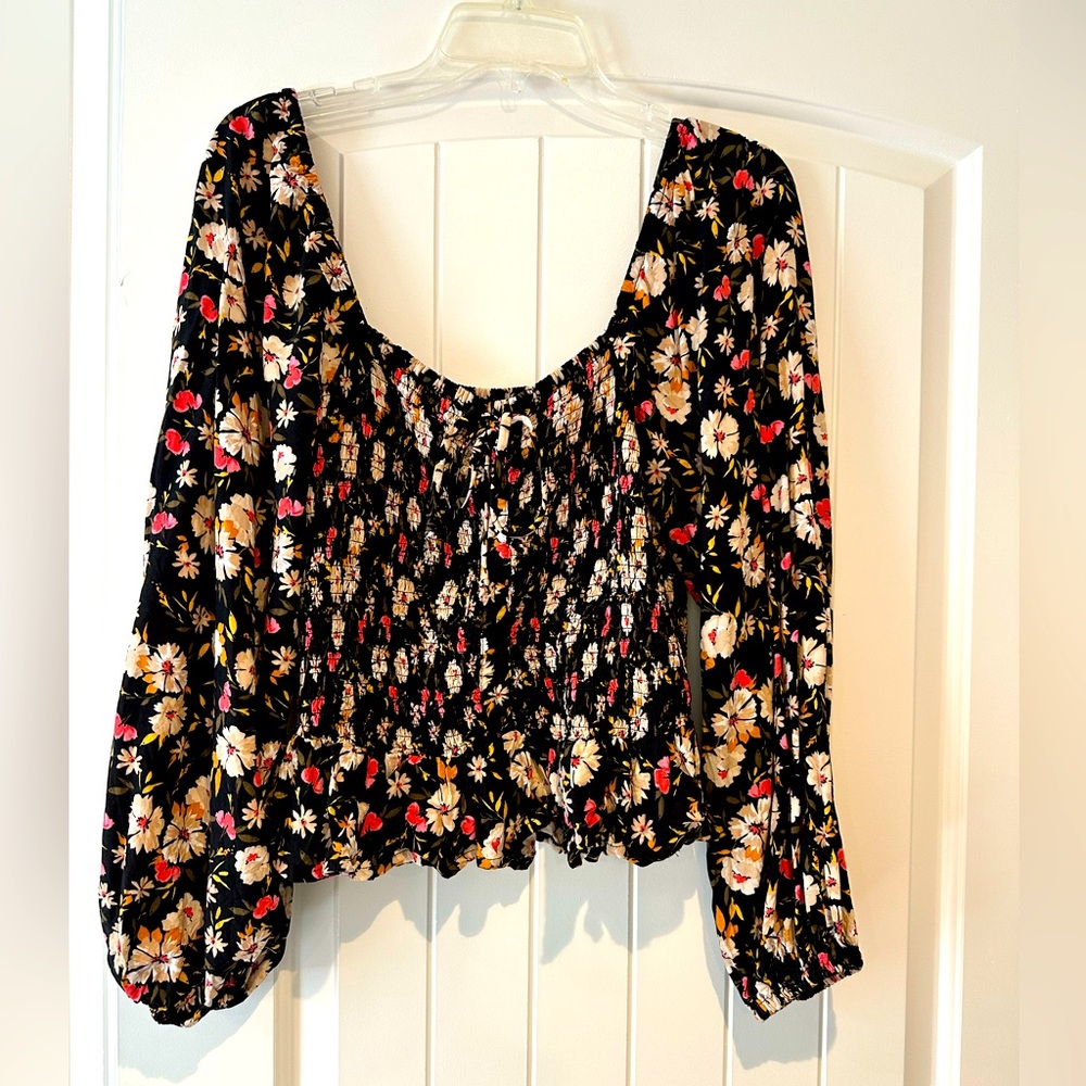 Patrons of Peace black floral top with puff balloon sleeves